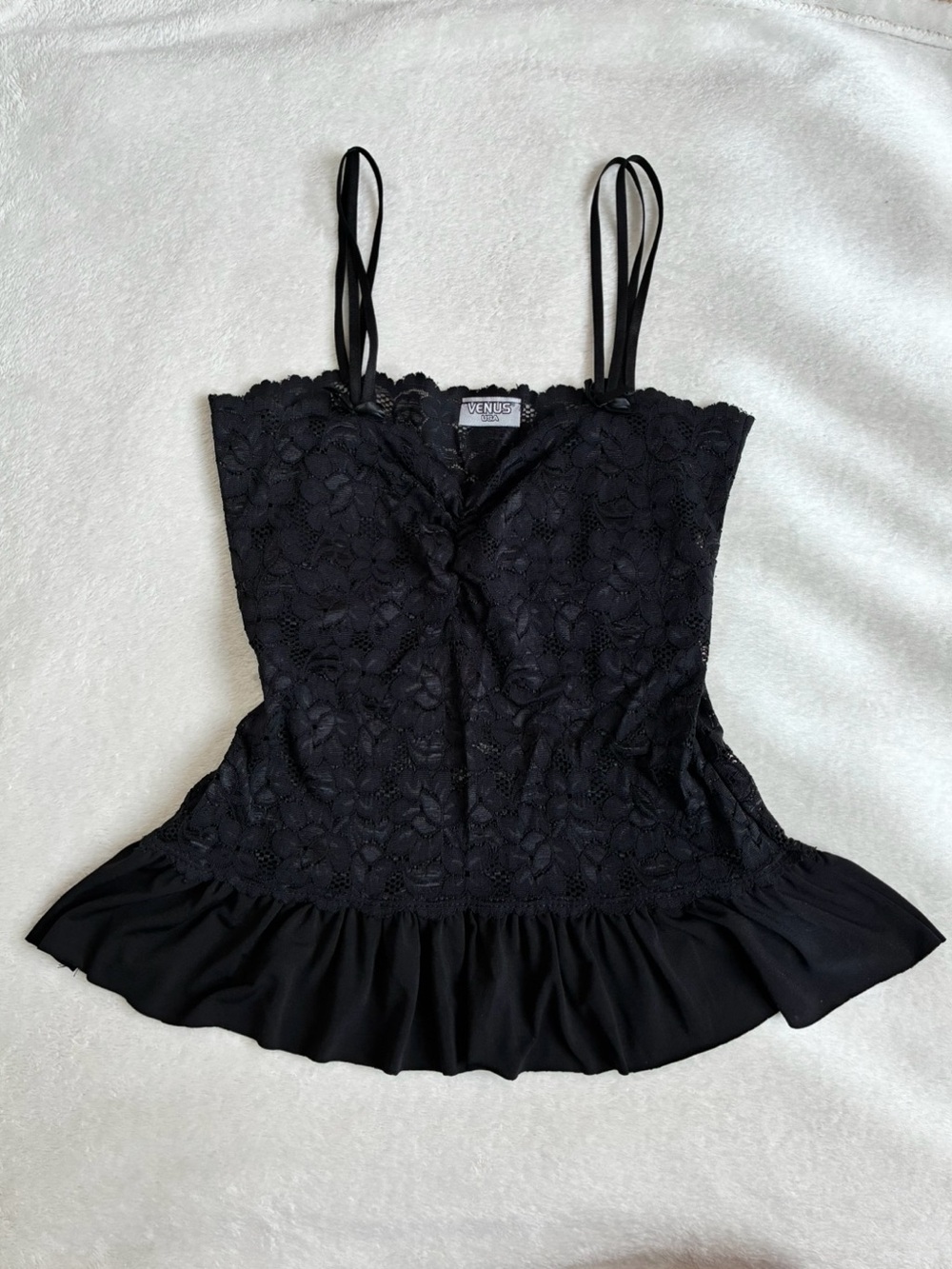 VENUS Black Lace Peplum Camisole Top with Double Spaghetti Straps